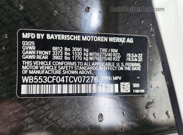 WB553CF04TCV07276 2026 BMW IX White VIN կոդի պիտակի տեսք