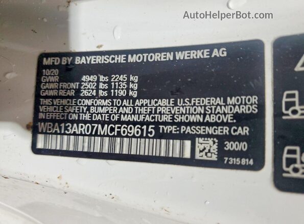 WBA13AR07MCF69615 2021 BMW M4 White VIN კოდის სტიკერის ხედი