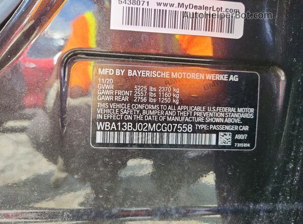 WBA13BJ02MCG07558 2021 BMW 5 SERIES Charcoal VIN კოდის სტიკერის ხედი