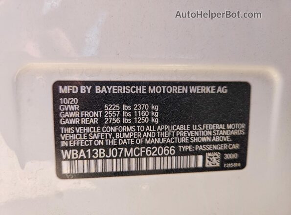 WBA13BJ07MCF62066 2021 BMW 5 SERIES White Vista de la etiqueta del VIN