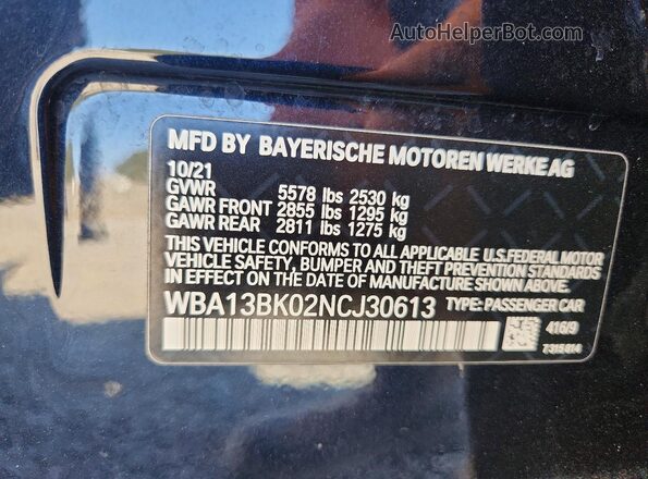 WBA13BK02NCJ30613 2022 BMW M5 Blue Widok naklejki z numerem VIN