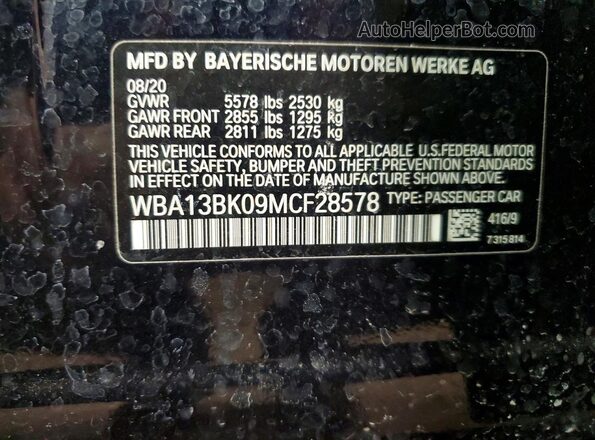 WBA13BK09MCF28578 2021 BMW M5 Blue VIN կոդի պիտակի տեսք