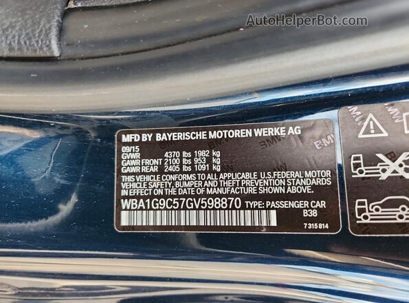 WBA1G9C57GV598870 2016 BMW 2 SERIES Blue Вид наклейки з VIN-кодом