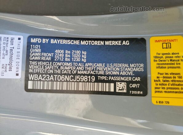 WBA23AT06NCJ59819 2022 BMW 4 SERIES Gray Вид підкапотного простору
