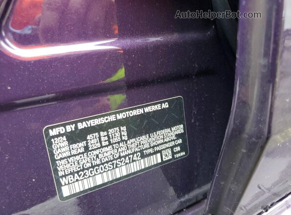 WBA23GG03S7S24742 2025 BMW 2 SERIES Purple Vista de la etiqueta del VIN