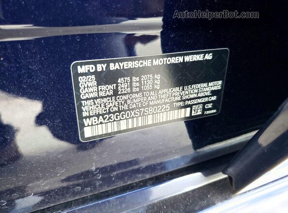 WBA23GG0XS7S80225 2025 BMW 2 SERIES Blue VIN კოდის სტიკერის ხედი