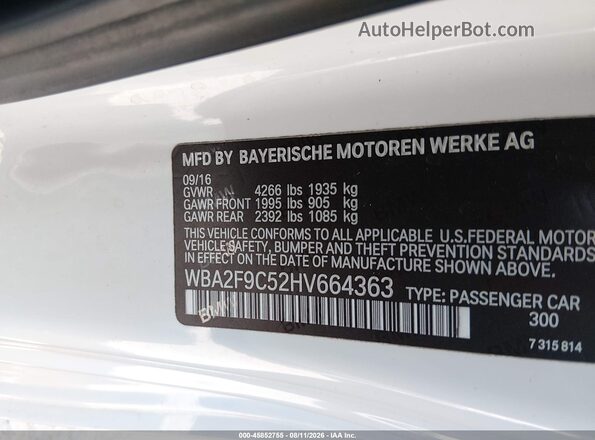 WBA2F9C52HV664363 2017 BMW 2 SERIES White Вид підкапотного простору