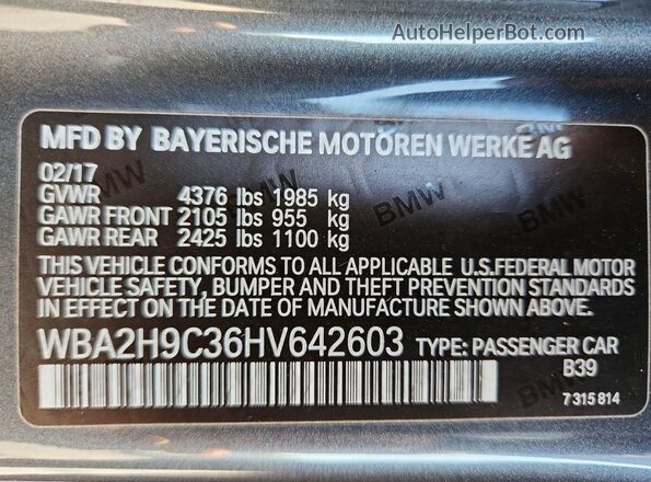 WBA2H9C36HV642603 2017 BMW 2 SERIES Gray Widok naklejki z numerem VIN