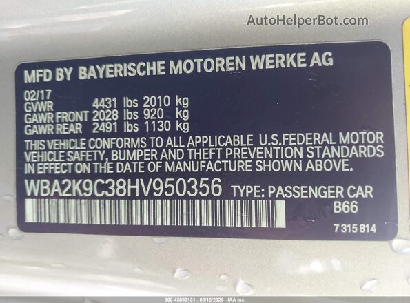 WBA2K9C38HV950356 2017 BMW 2 SERIES Brown Vista del compartimento del motor