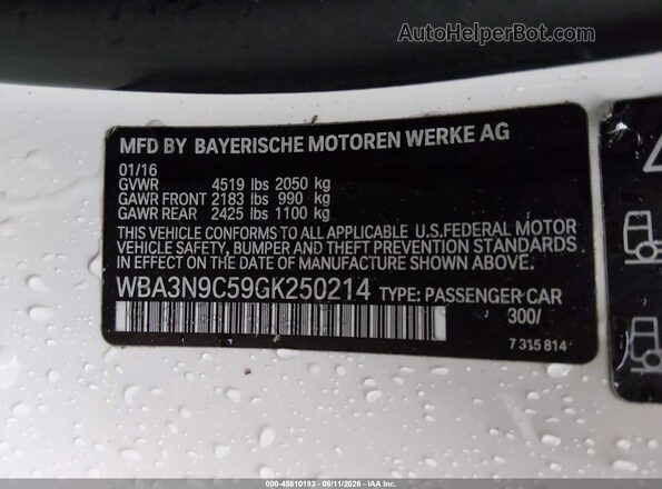 WBA3N9C59GK250214 2016 BMW 4 SERIES White Engine compartment view