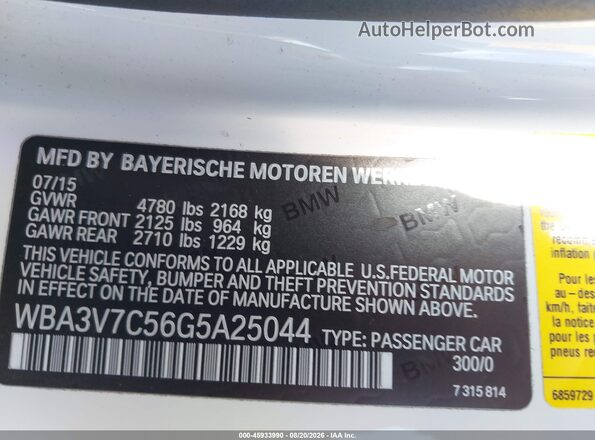 WBA3V7C56G5A25044 2016 BMW 4 SERIES White Вид підкапотного простору