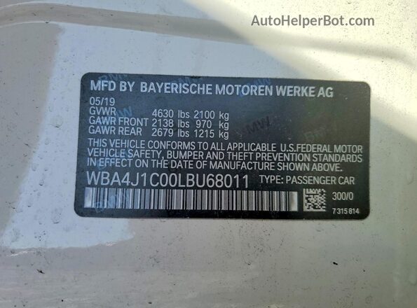 WBA4J1C00LBU68011 2020 BMW 4 SERIES White Widok naklejki z numerem VIN