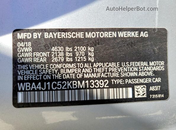 WBA4J1C52KBM13392 2019 BMW 4 SERIES Silver Engine compartment view