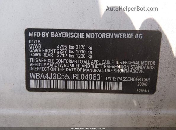 WBA4J3C55JBL04063 2018 BMW 4 SERIES Белый Вид подкапотного пространства