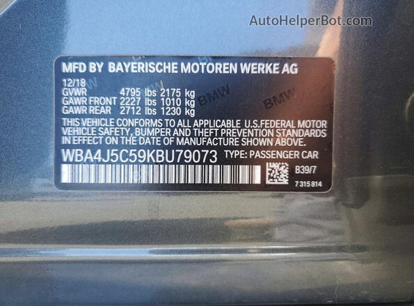 WBA4J5C59KBU79073 2019 BMW 4 SERIES Gray VIN კოდის სტიკერის ხედი