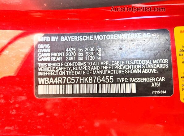WBA4R7C57HK876455 2017 BMW 4 SERIES Red Vista del compartimento del motor