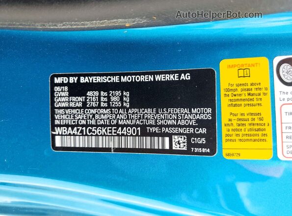 WBA4Z1C56KEE44901 2019 BMW 4 SERIES Turquoise Widok naklejki z numerem VIN