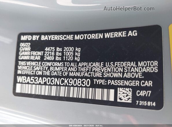 WBA53AP03NCK90830 2022 BMW 4 SERIES Gray Вид підкапотного простору