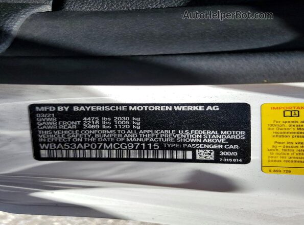 WBA53AP07MCG97115 2021 BMW 4 SERIES White Vista del compartimento del motor