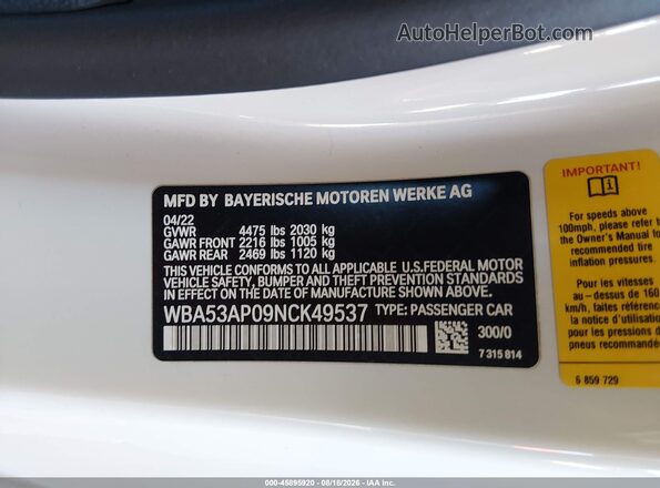 WBA53AP09NCK49537 2022 BMW 4 SERIES White Vista del compartimento del motor