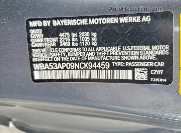 WBA53AP09NCK94459 2022 BMW 4 SERIES Gray VIN կոդի պիտակի տեսք