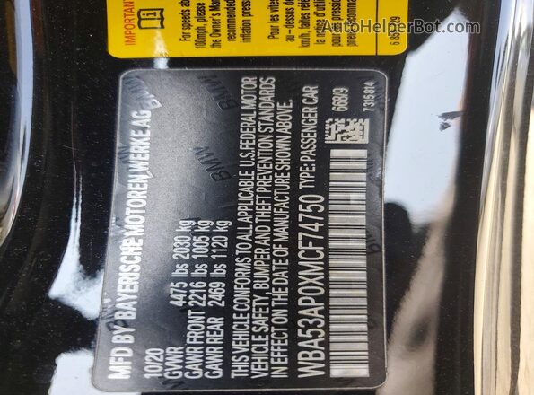 WBA53AP0XMCF74750 2021 BMW 4 SERIES Черный Вид наклейки с VIN-кодом