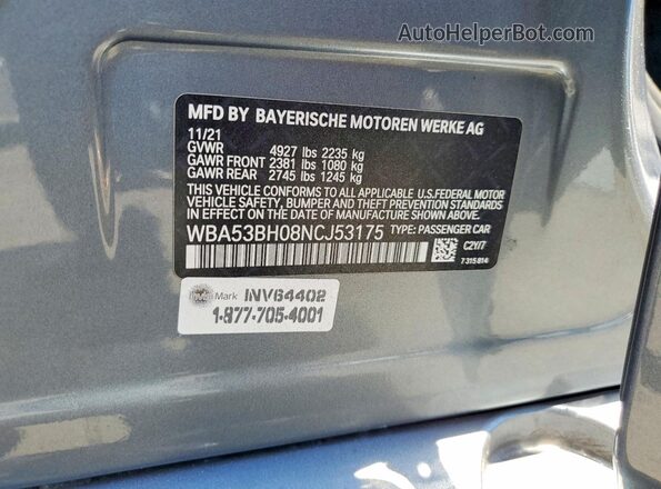 WBA53BH08NCJ53175 2022 BMW 5 SERIES Gray VIN կոդի պիտակի տեսք