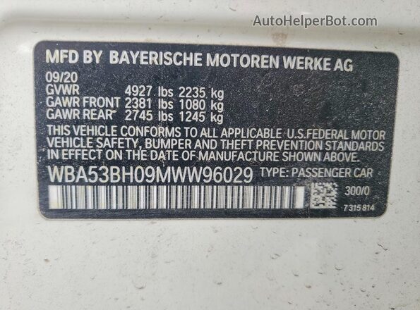 WBA53BH09MWW96029 2021 BMW 5 SERIES White Widok naklejki z numerem VIN