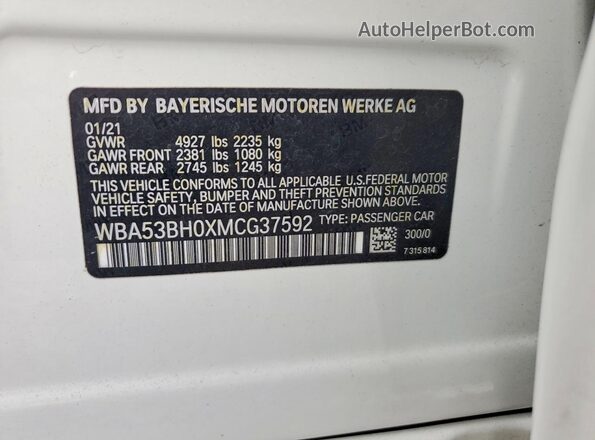WBA53BH0XMCG37592 2021 BMW 5 SERIES White Vista del compartimento del motor