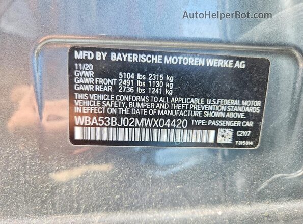 WBA53BJ02MWX04420 2021 BMW 5 SERIES Silver VIN კოდის სტიკერის ხედი