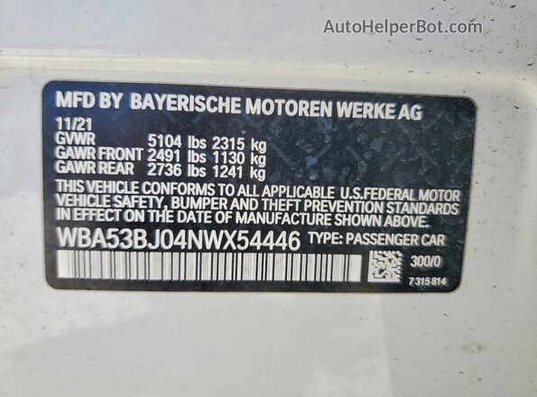 WBA53BJ04NWX54446 2022 BMW 5 SERIES White Вид підкапотного простору