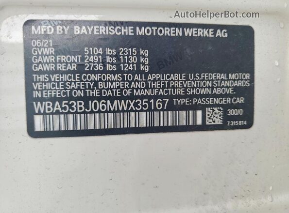 WBA53BJ06MWX35167 2021 BMW 5 SERIES Белый Вид подкапотного пространства