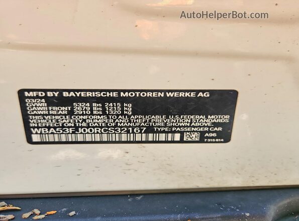 WBA53FJ00RCS32167 2024 BMW 5 SERIES White VIN sticker view