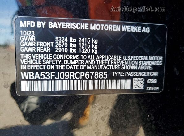WBA53FJ09RCP67885 2024 BMW 5 SERIES Black Вид наклейки з VIN-кодом