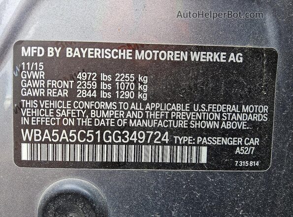 WBA5A5C51GG349724 2016 BMW 5 SERIES Gray Вид підкапотного простору