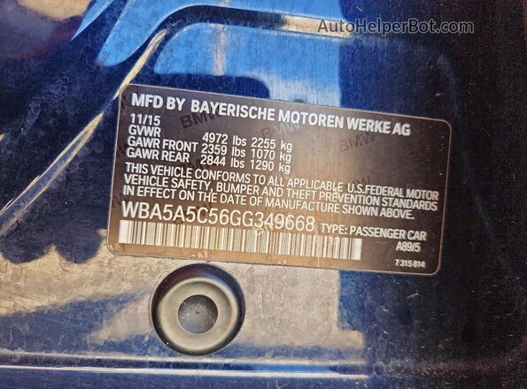 WBA5A5C56GG349668 2016 BMW 5 SERIES Blue ძრავის განყოფილების ხედი