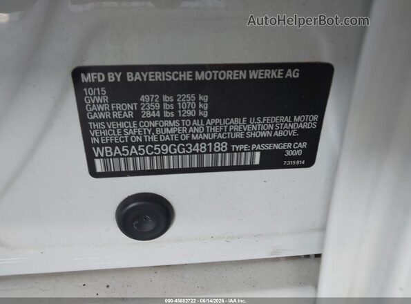 WBA5A5C59GG348188 2016 BMW 5 SERIES White Vista del compartimento del motor