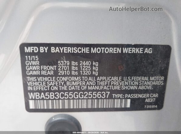 WBA5B3C55GG255637 2016 BMW 5 SERIES Gray Vista del compartimento del motor
