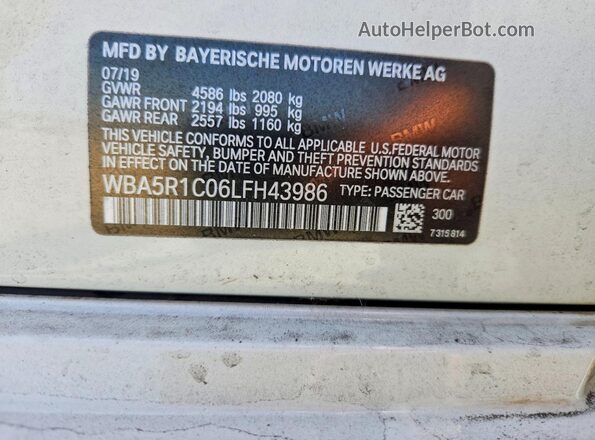 WBA5R1C06LFH43986 2020 BMW 3 SERIES White VIN sticker view
