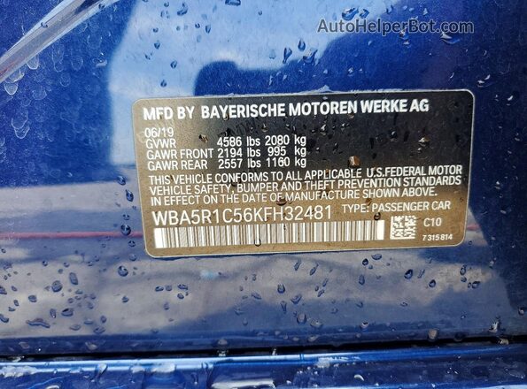 WBA5R1C56KFH32481 2019 BMW 3 SERIES Blue VIN կոդի պիտակի տեսք