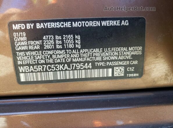 WBA5R7C53KAJ79544 2019 BMW 3 SERIES Brown VIN კოდის სტიკერის ხედი