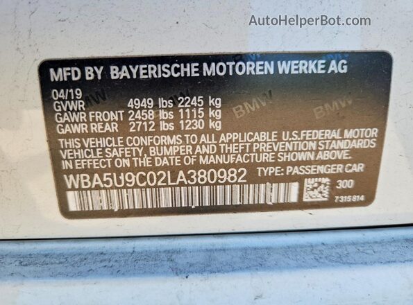 WBA5U9C02LA380982 2020 BMW M3 White VIN sticker view