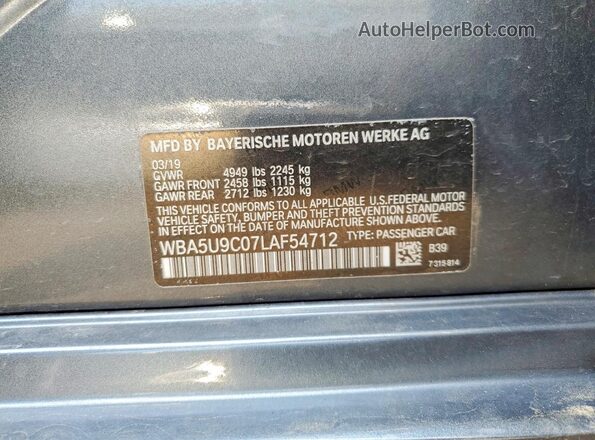 WBA5U9C07LAF54712 2020 BMW M3 Gray Widok naklejki z numerem VIN