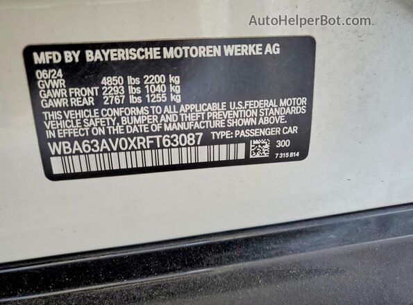 WBA63AV0XRFT63087 2024 BMW 4 SERIES White ძრავის განყოფილების ხედი