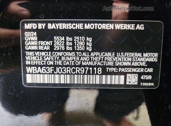 WBA63FJ03RCR97118 2024 BMW 5 SERIES Black VIN კოდის სტიკერის ხედი