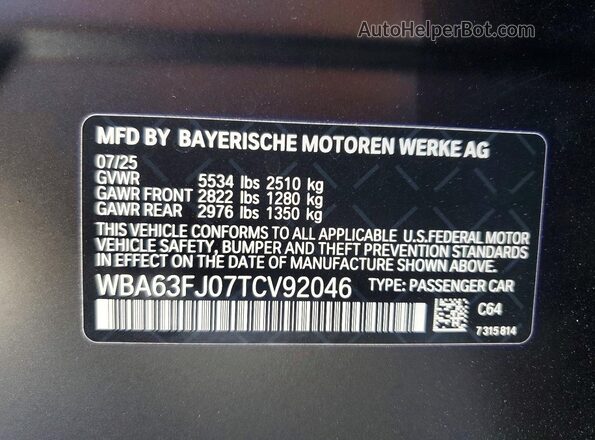 WBA63FJ07TCV92046 2026 BMW 5 SERIES Black VIN კოდის სტიკერის ხედი