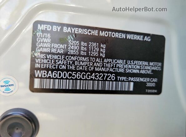 WBA6D0C56GG432726 2016 BMW 6 SERIES White Widok naklejki z numerem VIN
