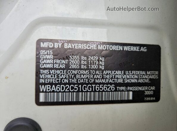 WBA6D2C51GGT65626 2016 BMW 6 SERIES White VIN sticker view