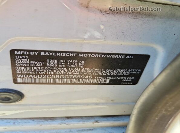 WBA6D2C58GGT65946 2016 BMW 6 SERIES White Widok komory silnika