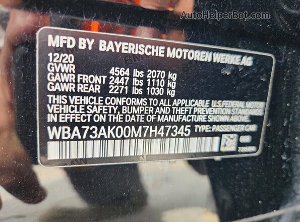 WBA73AK00M7H47345 2021 BMW 2 SERIES Black VIN კოდის სტიკერის ხედი